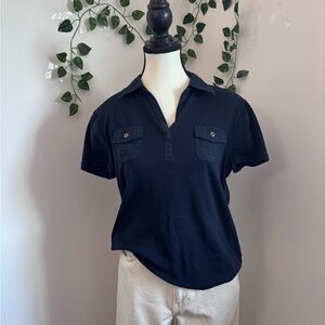 Classic Chaps Original Navy Blue Short Sleeve Polo Top Large